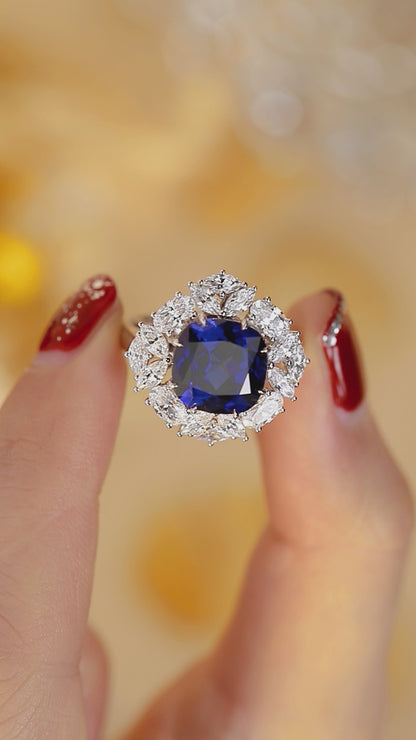 5.8 CTW Cushion Lab Grown Sapphire S925 Ring plated