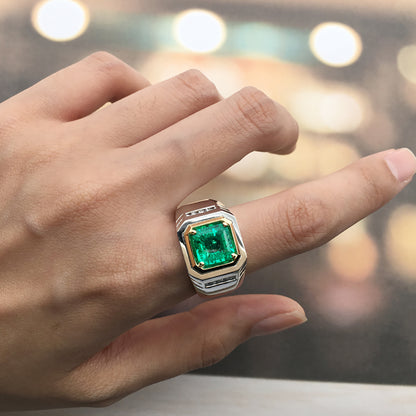 2.37 CTW Asscher Lab Grown Emerald S925 Ring plated Men Ring