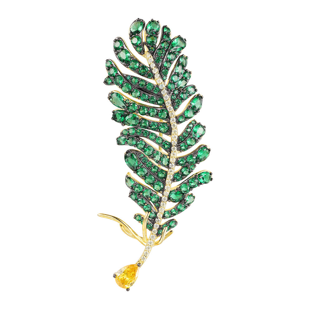 ANSTERGEMS Green Color Feather Gemstone Brooch