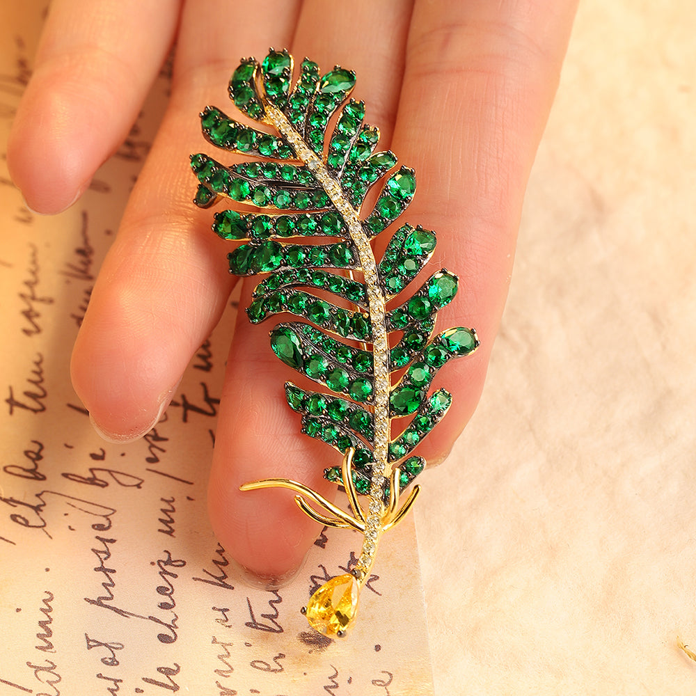 ANSTERGEMS Green Color Feather Gemstone Brooch