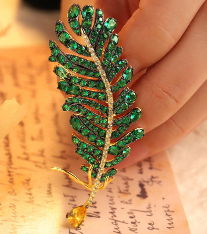 ANSTERGEMS Green Color Feather Gemstone Brooch