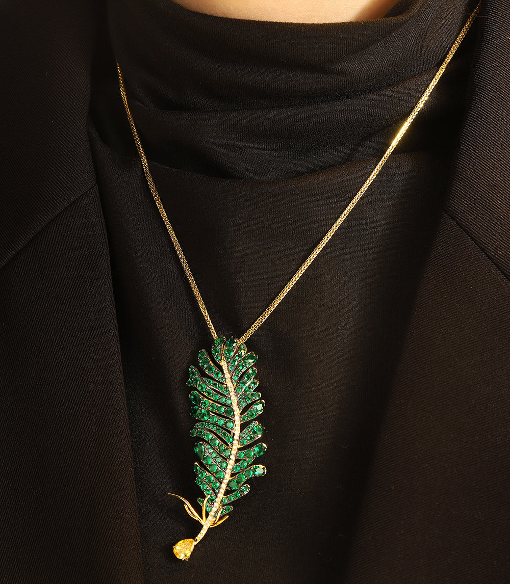 ANSTERGEMS Green Color Feather Gemstone Brooch