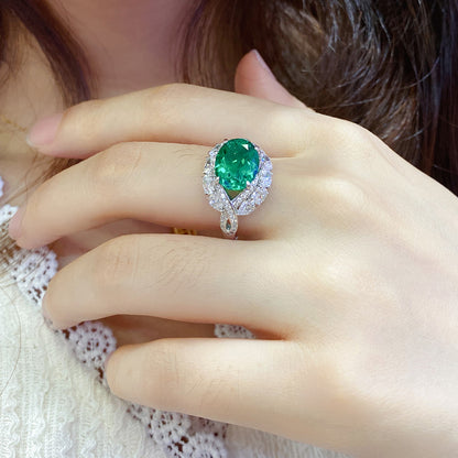 3.42 CTW Oval Lab Grown Emerald S925 Ring plated Eye Design