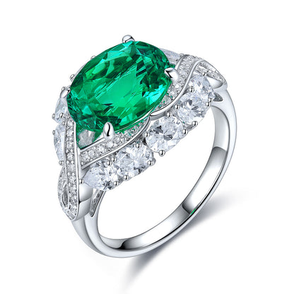 3.42 CTW Oval Lab Grown Emerald S925 Ring plated Eye Design