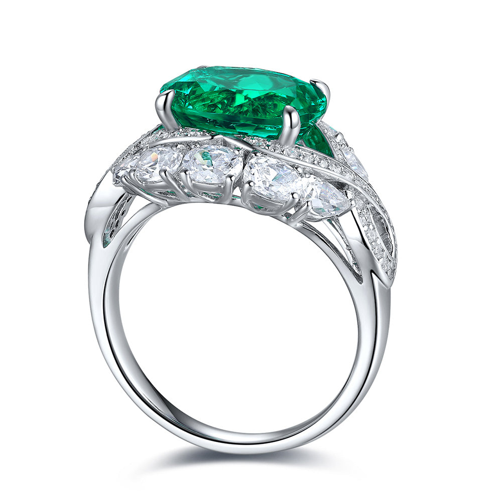 3.42 CTW Oval Lab Grown Emerald S925 Ring plated Eye Design