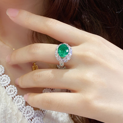 3.42 CTW Oval Lab Grown Emerald S925 Ring plated Eye Design