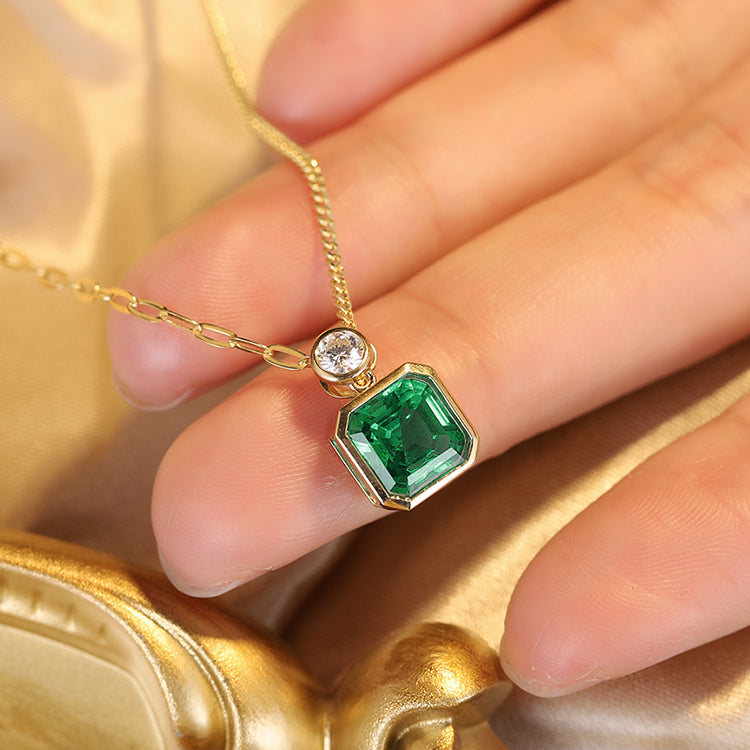 1.84 CTW Asscher Lab Grown Emerald 18K Gold Necklace plated