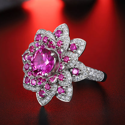 Luxury Flower S925 Silver Pink Sapphire Ring