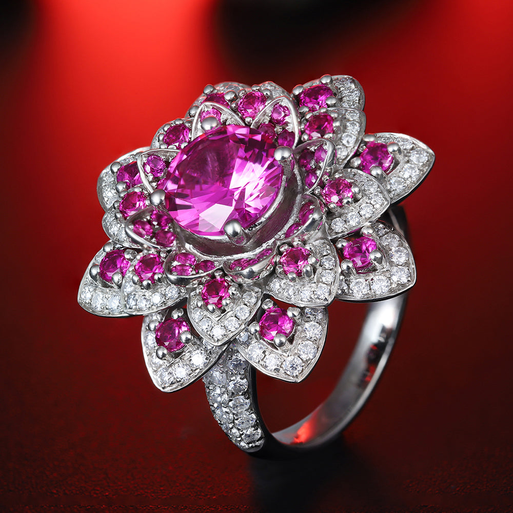 Luxury Flower S925 Silver Pink Sapphire Ring